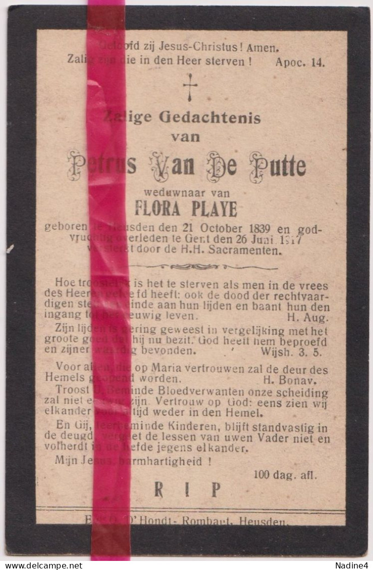 Devotie Doodsprentje Overlijden - Petrus Van De Putte Wedn Flora Playe - Heusden 1839 - Gent 1917 - Todesanzeige