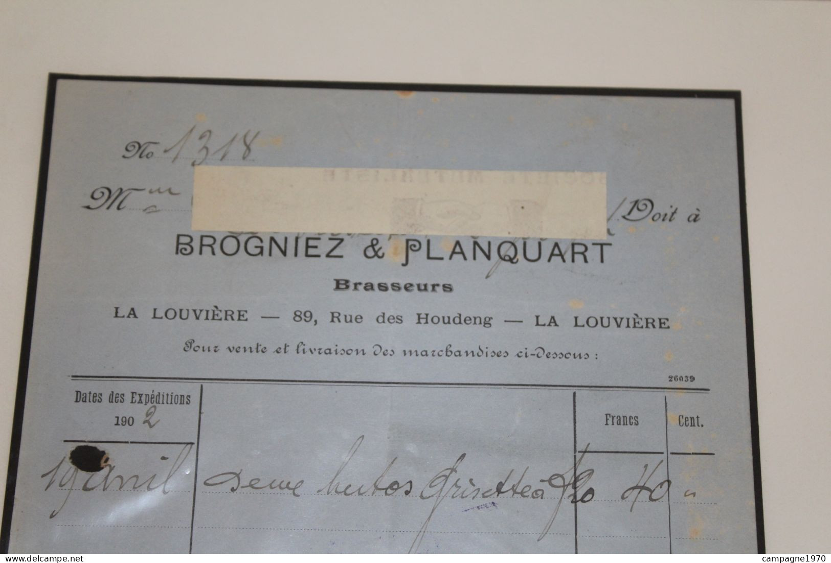 ANCIENNE FACTURE - 1902 - LA LOUVIERE - BRASSERIE BROGNIEZ PLANQUART - 2 HECTOS DE GRISETTE !! - 1900 – 1949