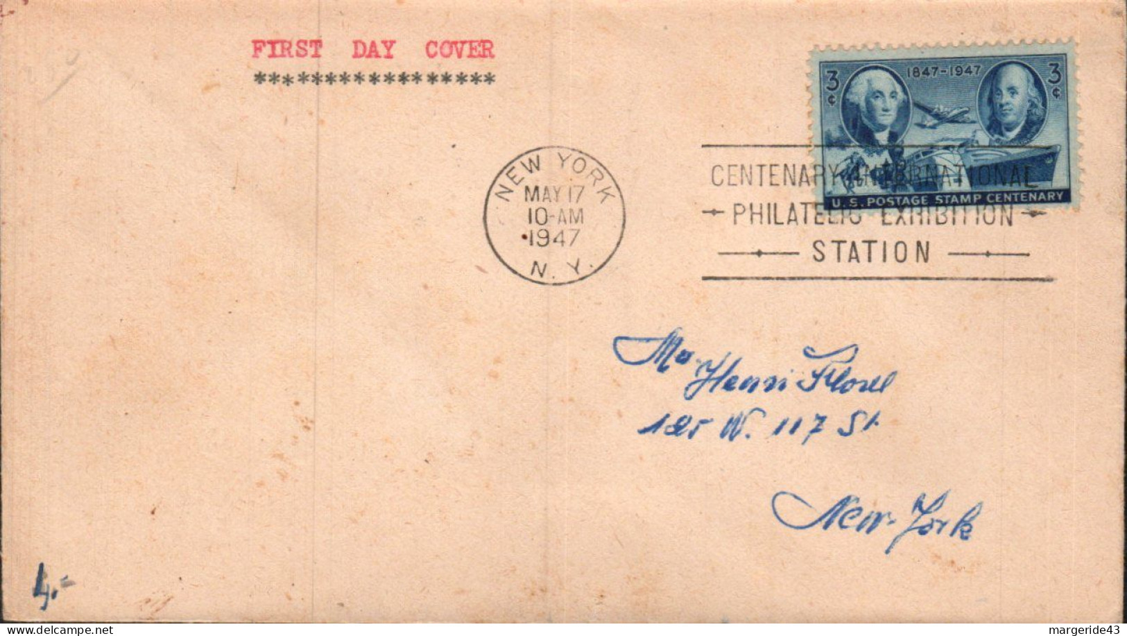 USA ETATS UNIS LETTRE FDC 1947 CENTENAIRE - 1851-1940