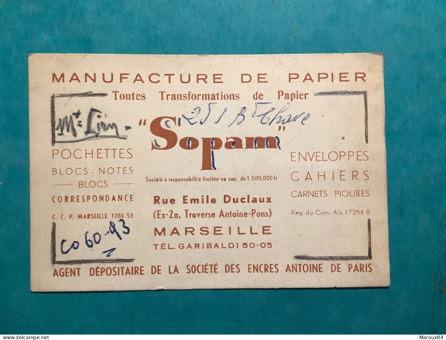 13/ Marseille Carte De Visite Manufacture De Papier Sopam - Cartes De Visite