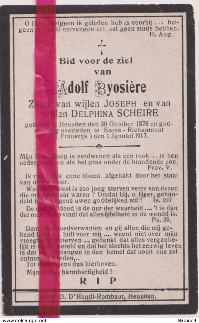 Devotie Doodsprentje Overlijden - Adolf Byosière Zoon Joseph & Delphina Scheire - Heusden 1878 - Sains Richaumont 1917 - Esquela