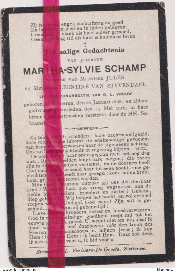 Devotie Doodsprentje Overlijden - Martha Schamp Dochter Jules & Leontine Van Styvendael - Wetteren 1898 - 1916 - Todesanzeige