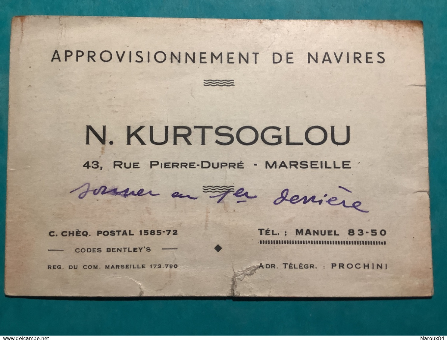 13/ Marseille .carte De Visite Approvisionnement De Navires N.kurtsoglou - Visiting Cards