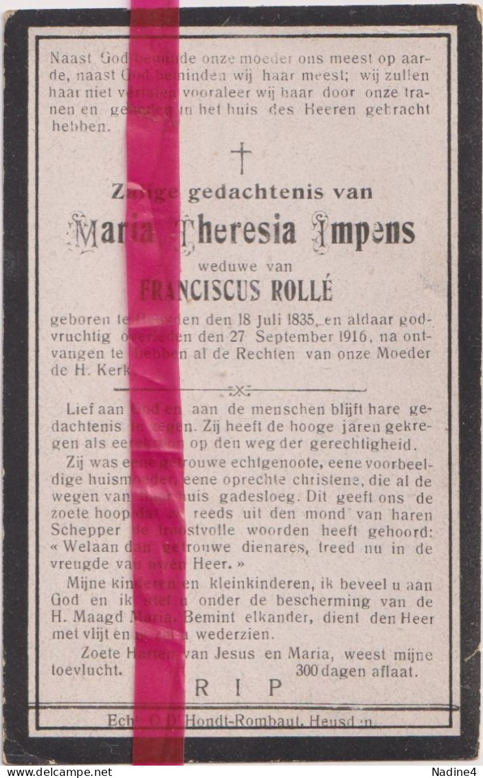 Devotie Doodsprentje Overlijden - Maria Impens Wed Franciscus Rollé - Heusden 1835 - 1916 - Todesanzeige