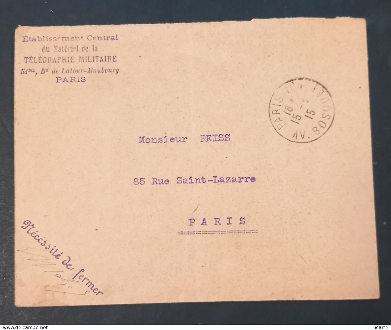 Cachet ETABLISSEMENT CENTRAL DU MATERIEL DE LA TELEGRAPHIE MILITAIRE Du 15 9 15 Sur Enveloppe En Franchise Militaire - WW I