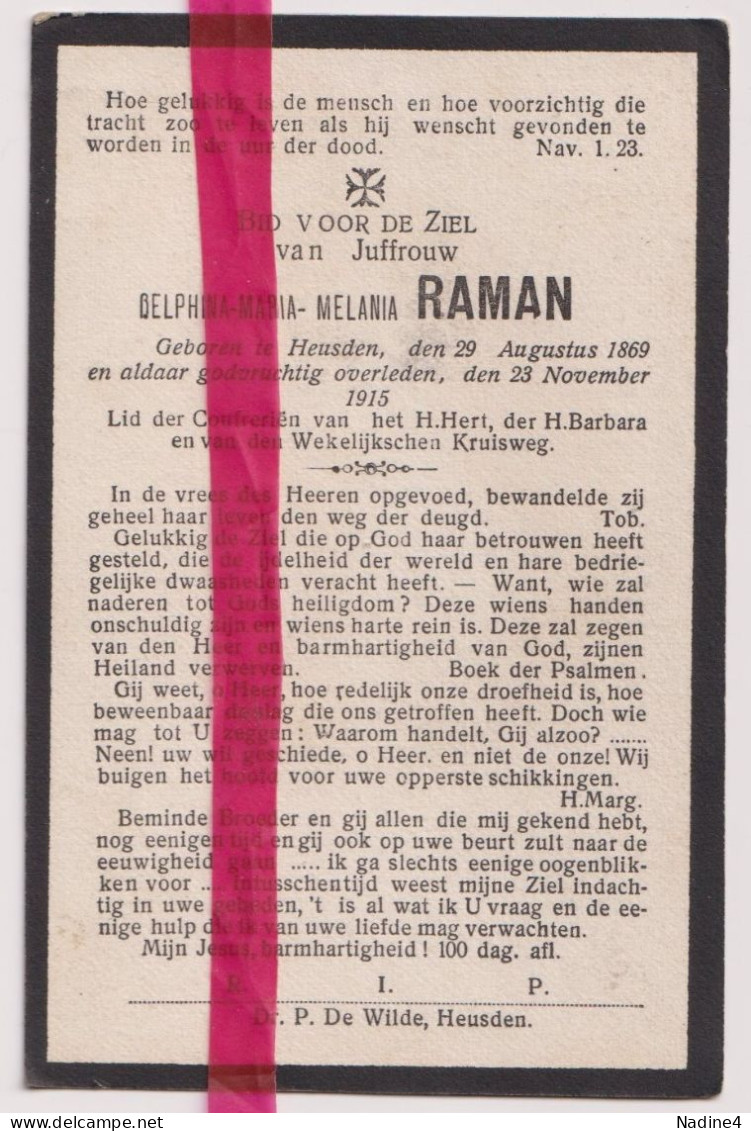 Devotie Doodsprentje Overlijden - Delphina Raman - Heusden 1869 - 1915 - Esquela