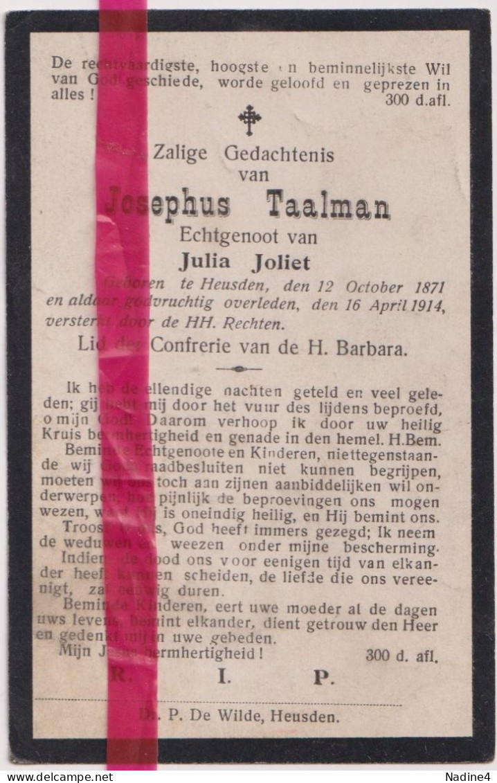Devotie Doodsprentje Overlijden - Josephus Taelman Echtg Julia Joliet - Heusden 1871 - 1914 - Todesanzeige