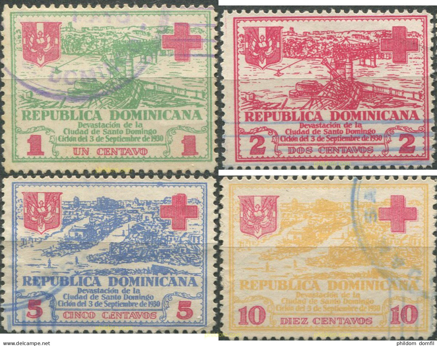 688480 USED DOMINICANA 1930 SELLOS A BENEFICIO DE LAS VICTIMAS DEL CICLON SAN ZENON - República Dominicana