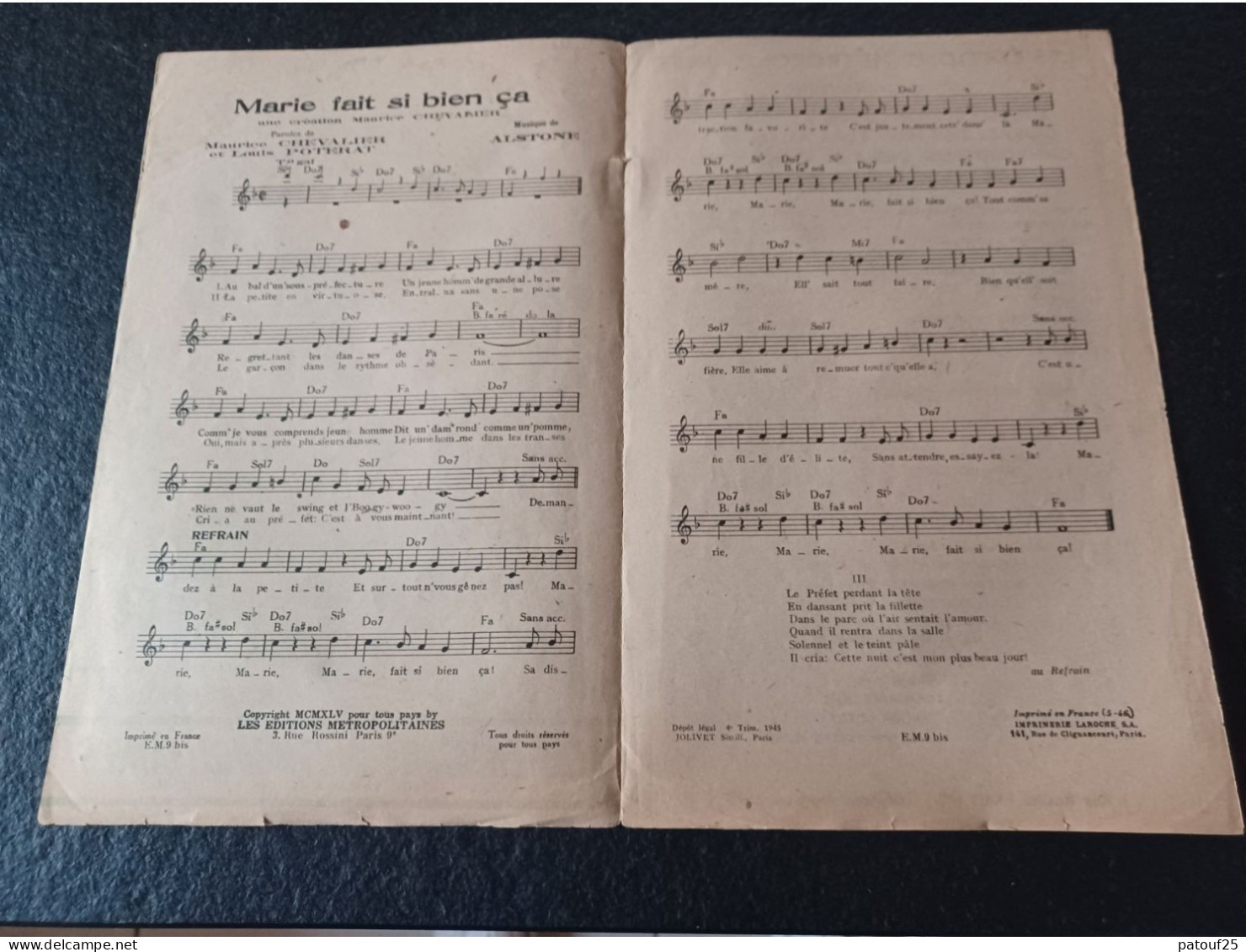 Ancienne Partition De Musique 1945 Marie Fait Si Bien ça Maurice Chevalier - Sonstige & Ohne Zuordnung