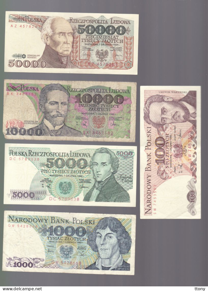 5 Billets De Banque Pologne    50000  Zloty  10000 Zloty  5000 Zloty  1000 Zloty  100 Zloty - Otros – Europa
