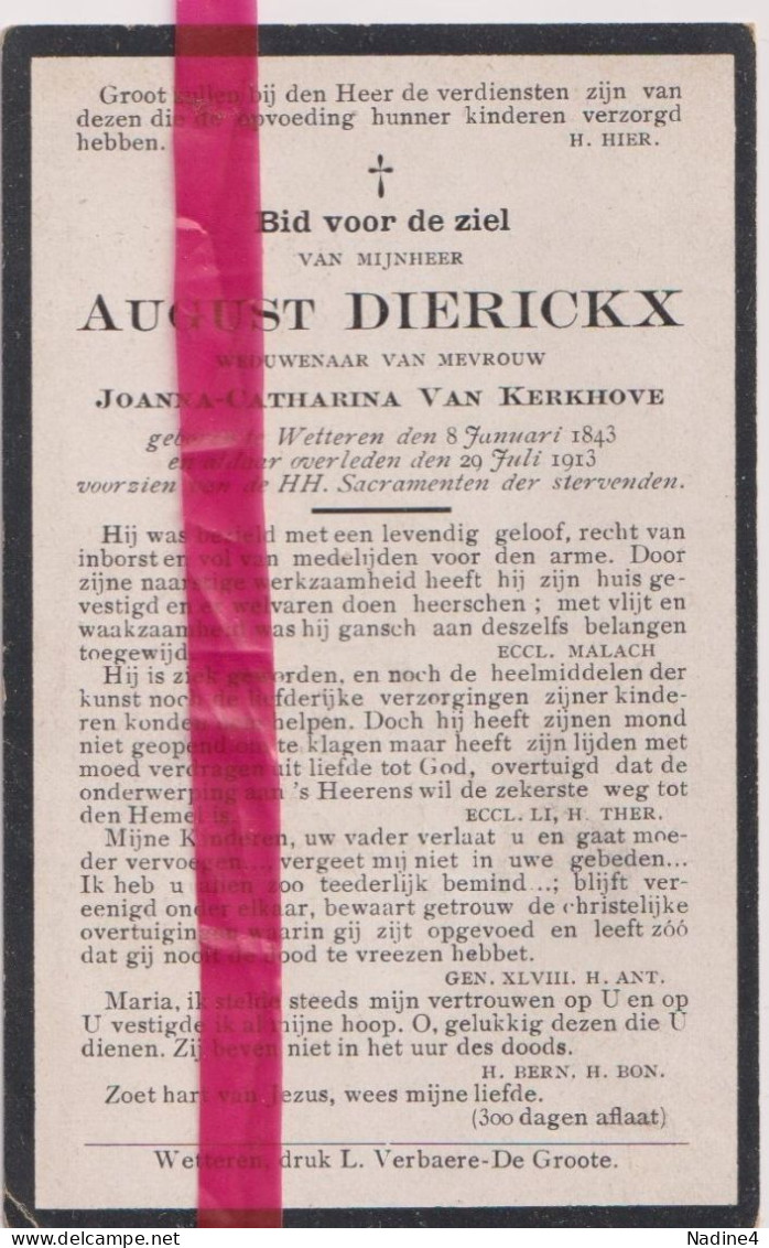 Devotie Doodsprentje Overlijden - August Dierickx Wedn Joanna Van Kerkhove - Wetteren 1843 - 1913 - Esquela