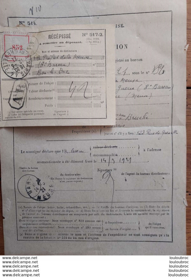 PREFET DE LA MEUSE AVIS DE RECEPTION CAPITAINE BRUCHE  DOMMAGES DE GUERRE 09/1921 - 1914-18