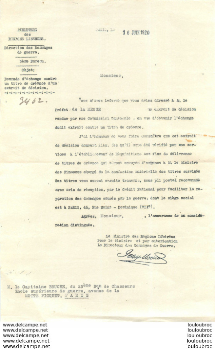 MINISTERE DES REGIONS LIBEREES 06/1920 CAPTAINE BRUCHE 25ème BATAILLON DE CHASSEURS - 1914-18