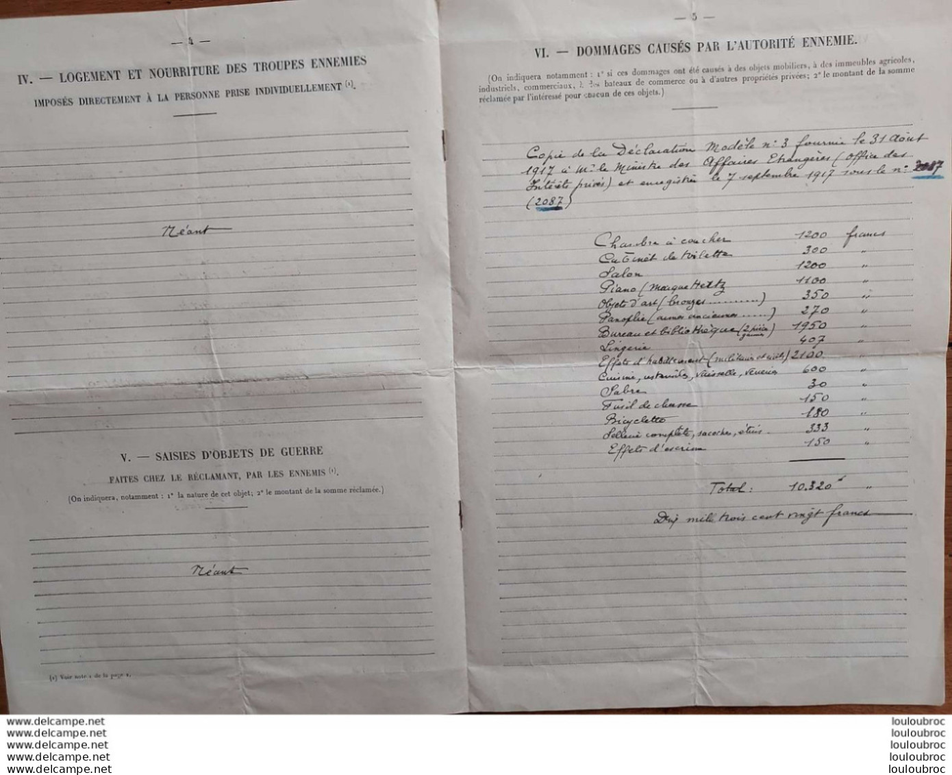 DECLARATION DE DOMMAGES RESULTANT DE FAITS DE GUERRE  CAPITAINE BRUCHE 01/1919  8 PAGES - 1914-18