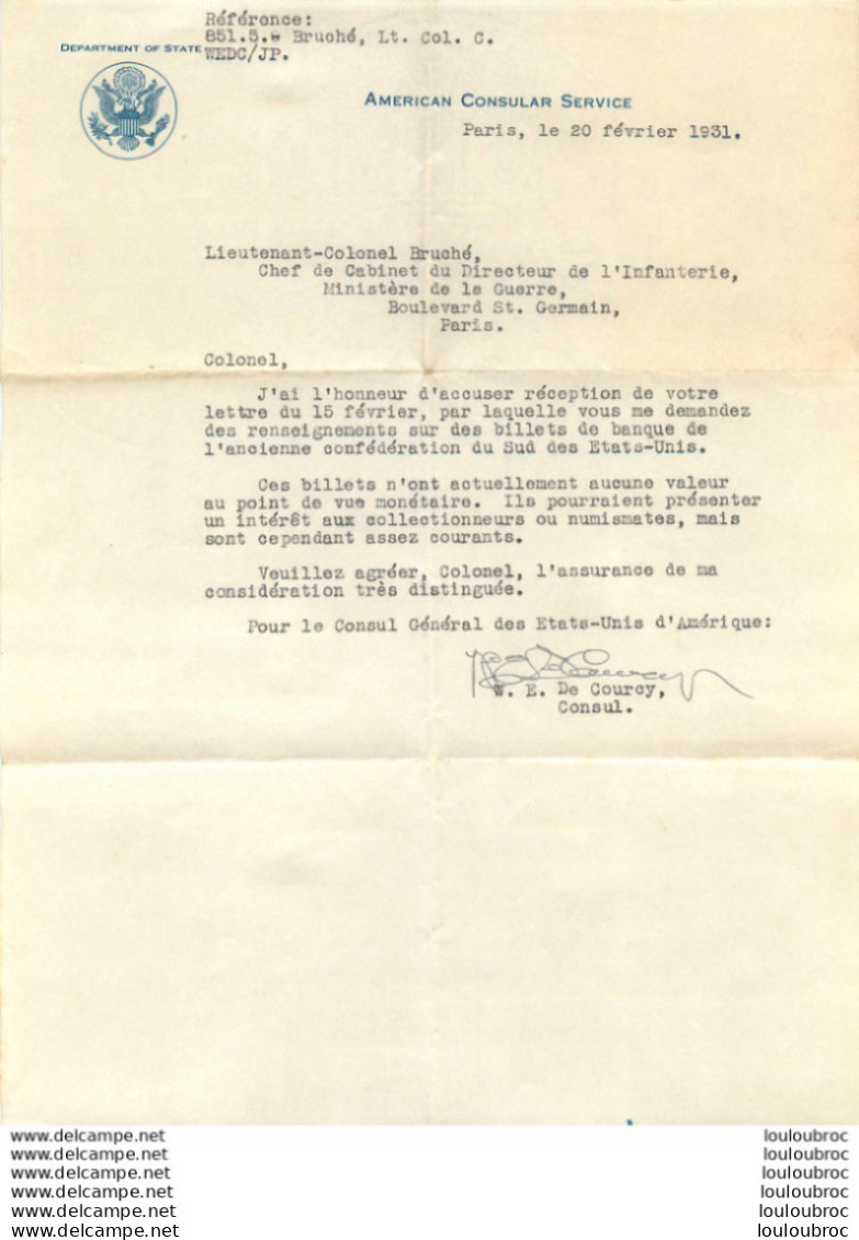 AMERICAN CONSULAR SERVICE 1931  AU LIEUTENANT COLONEL BRUCHE ALBERT - Sonstige & Ohne Zuordnung