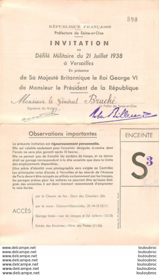 INVITATION DU GENERAL ALBERT BRUCHE AU DEFILE MILITAIRE 21 JUILLET 1938  AVEC GEORGES VI ET LE PRESIDENT  24 X 16 CM - Documents