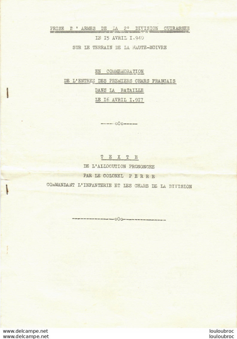 PRISE D'ARMES DE LA 2e DIVISION CUIRASSEE LE 15 AVRIL 1940  COMMEMORATION BATAILLE DU  16 AVRIL 1917  4 PAGES - Andere & Zonder Classificatie