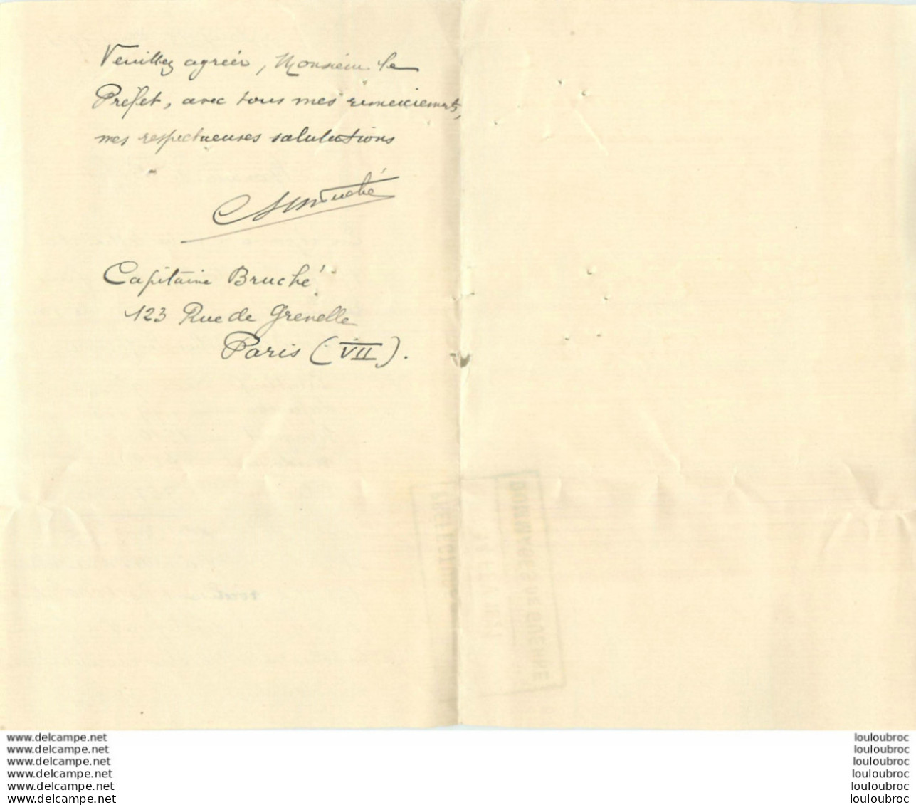 COURRIER 1921 ADRESSE AU PREFET PAR LE CAPITAINE BRUCHE RELATIFS AUX DOMMAGES DE GUERRE REF 2 - Autres & Non Classés