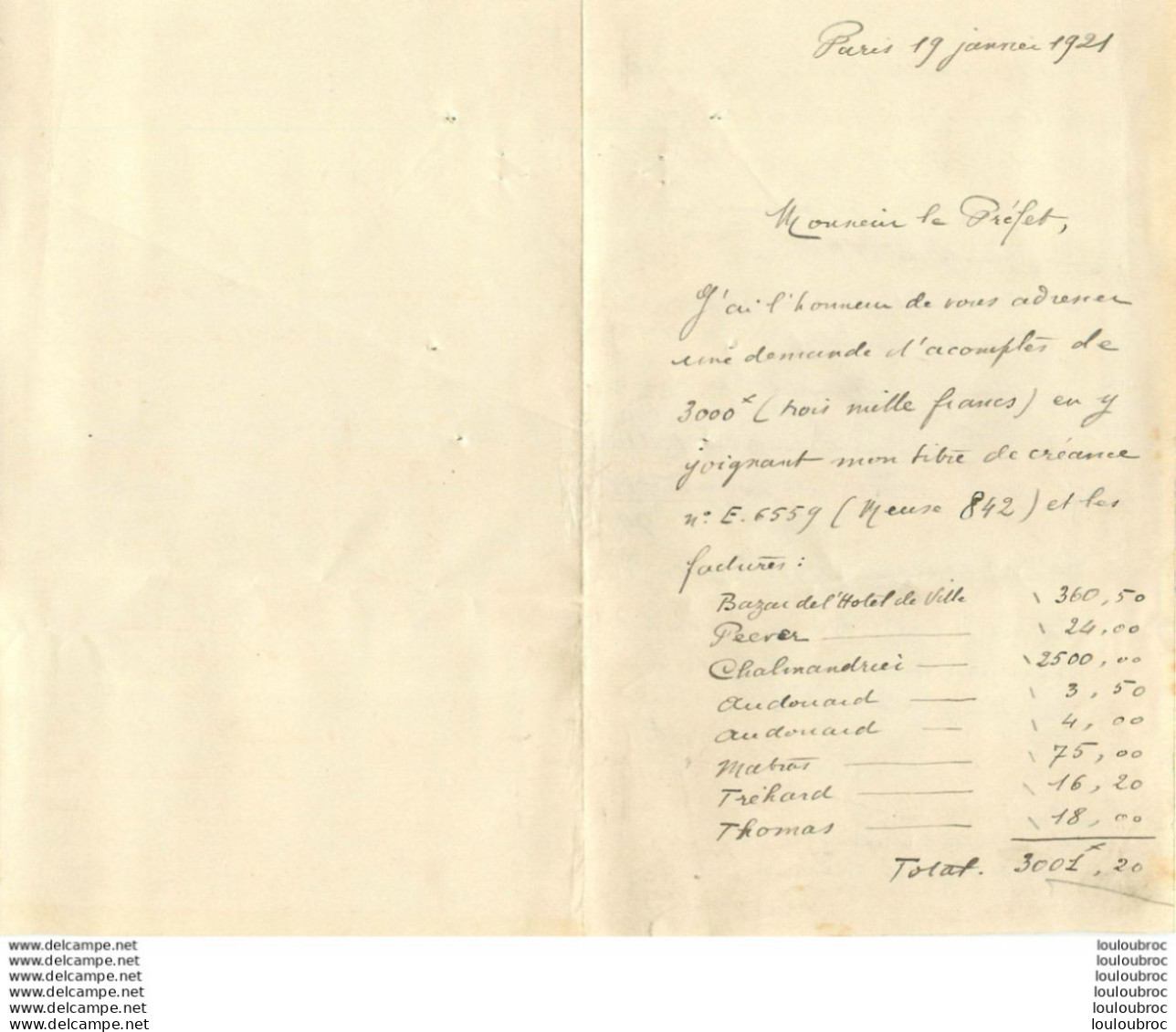 COURRIER 1921 ADRESSE AU PREFET PAR LE CAPITAINE BRUCHE RELATIFS AUX DOMMAGES DE GUERRE  REF 1 - Otros & Sin Clasificación