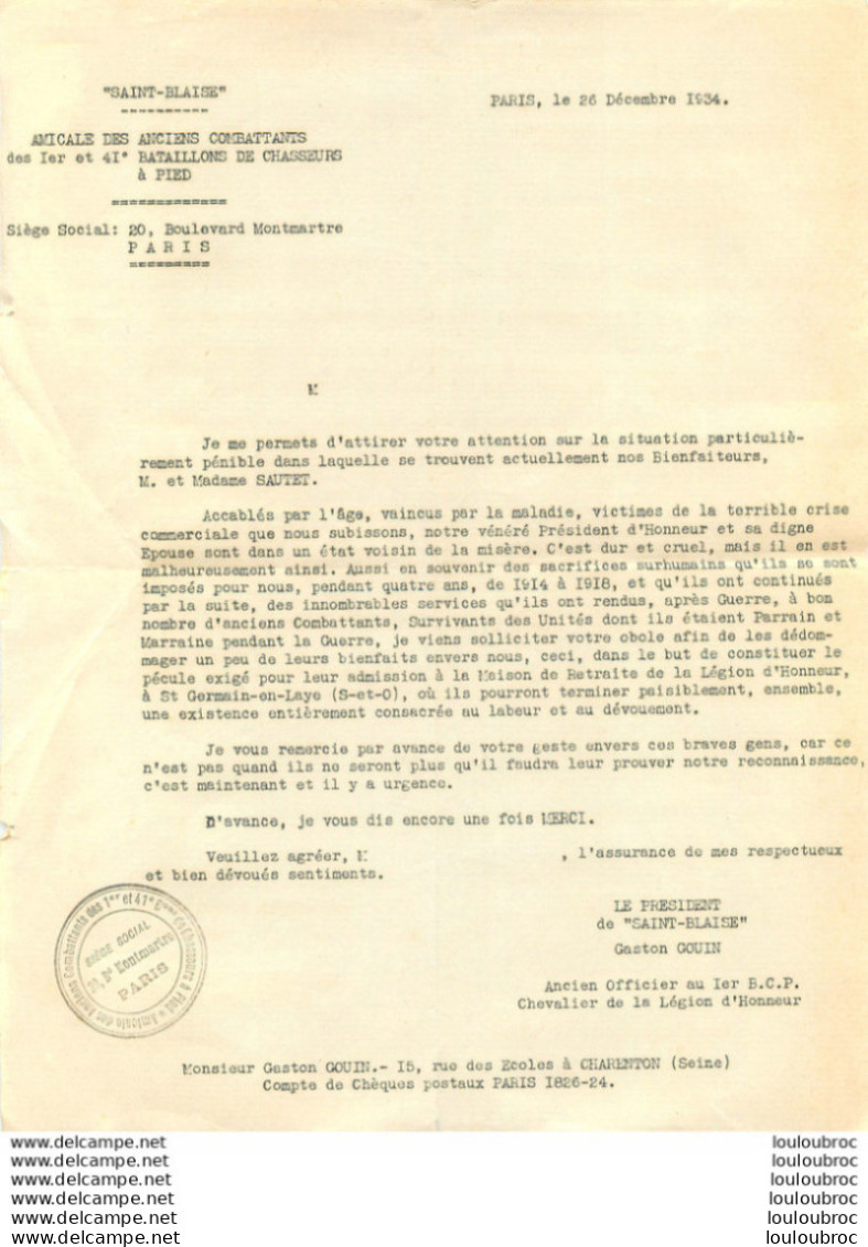 SAINT BLAISE AMICALE DES ANCIENS COMBATTANTS DES 1er ET 41e BATAILLONS DE CHASSEURS A PIED 26/12/1934 - Altri & Non Classificati