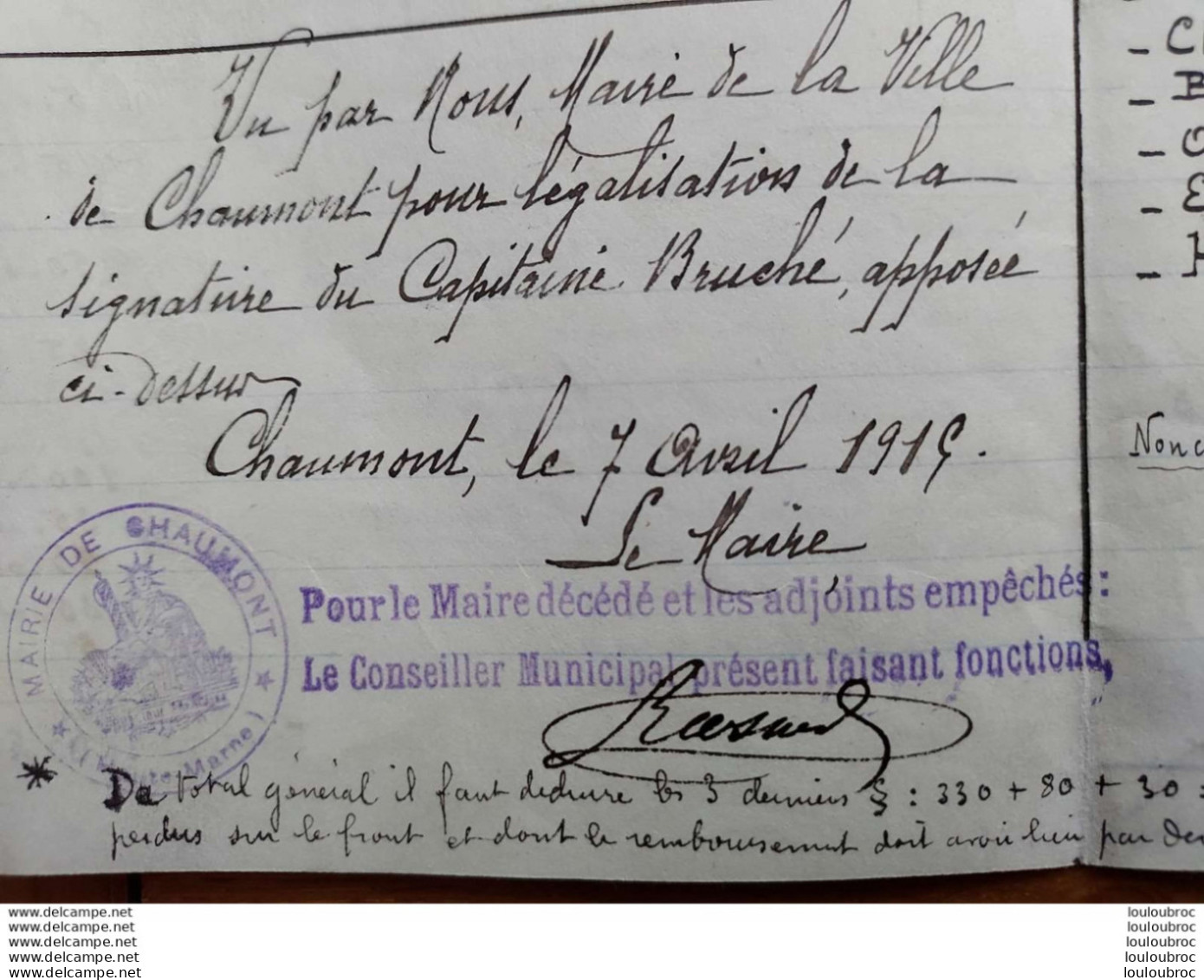 CAPITAINE BRUCHE INVENTAIRE APPARTEMENT  VISE PAR LA MAIRIE DE CHAUMONT HAUTE MARNE - 1914-18