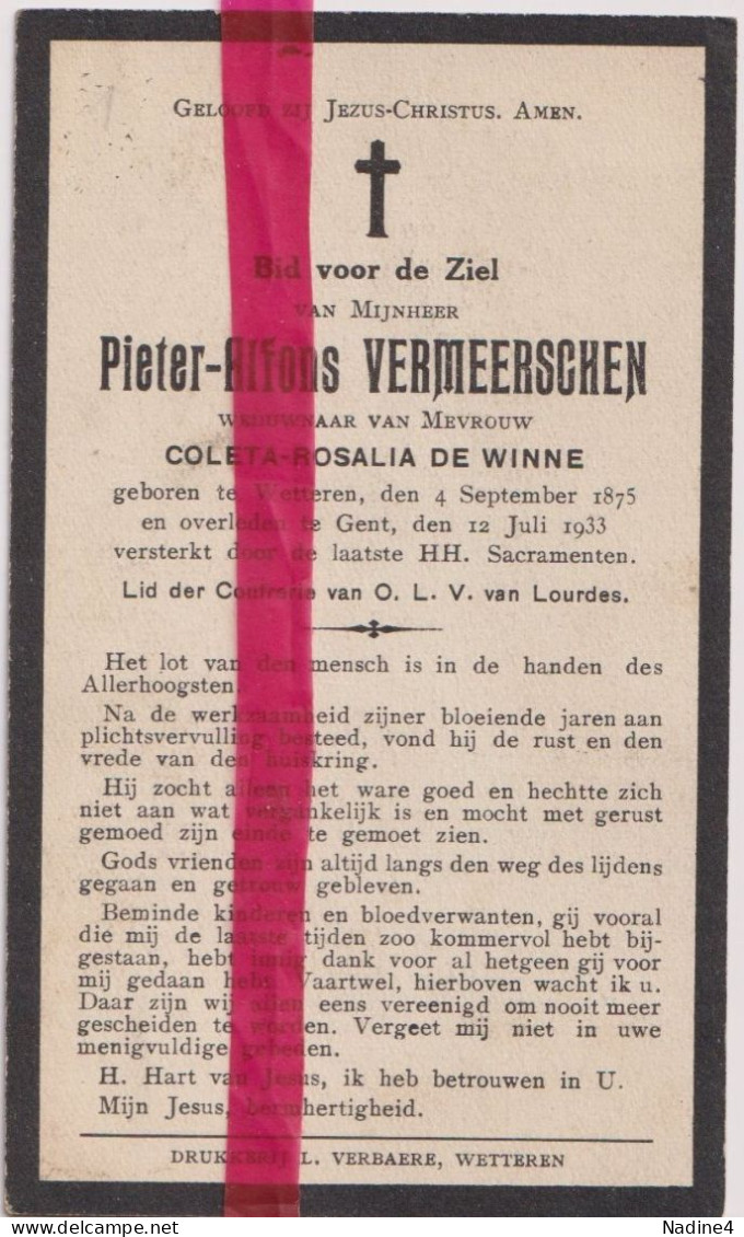 Devotie Doodsprentje Overlijden - Pieter Vermeerschen Wedn Coleta De Winne - Wetteren 1875 - 1933 - Todesanzeige
