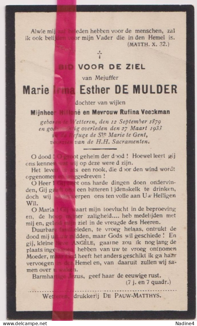 Devotie Doodsprentje Overlijden - Marie De Mulder Dochter Hilloné & Rufina Veeckman - Wetteren 1879 - 1933 - Todesanzeige