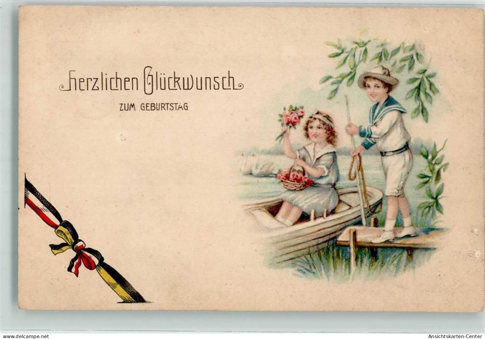 39529506 - Glueckwunsch Schwarz-Weiss-Rot U. Schwarz-Gelb Zweierbund Kinder Schwan Boot - Anniversaire