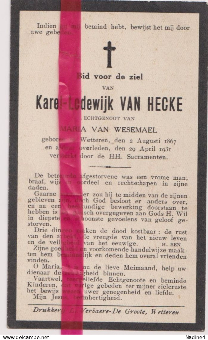 Devotie Doodsprentje Overlijden - Karel Van Hecke Echtg Maria Van Wesemael - Wetteren 1867 - 1931 - Todesanzeige