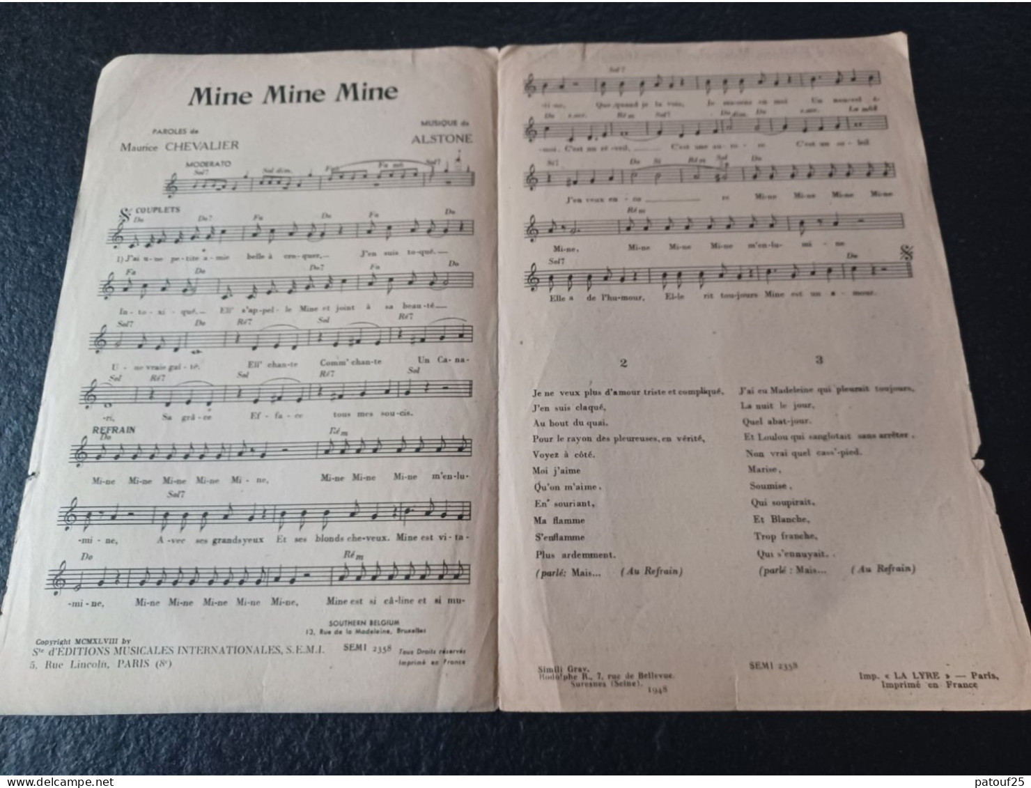 Ancienne Partition De Musique 1948 Mine Mine Mine Maurice Chevalier - Otros & Sin Clasificación