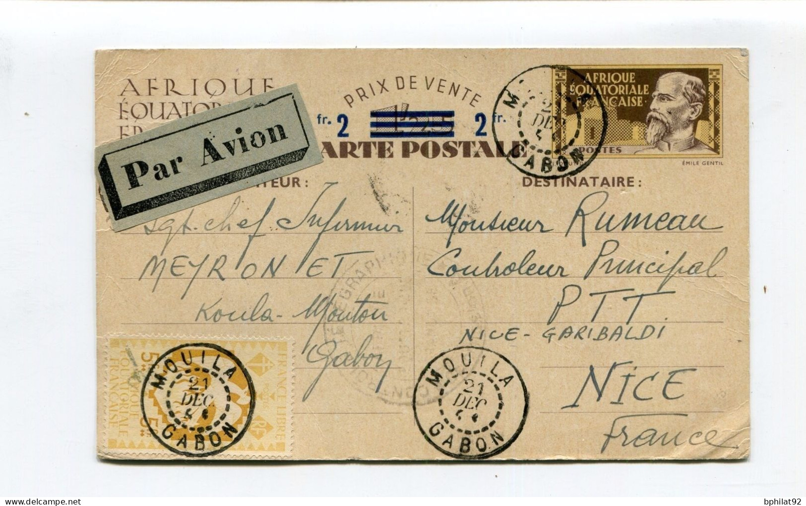 !!! GABON, ENTIER POSTAL D'AEF UTILISE A MOUILA (1944) PAR AVION. FRAPPE SUPERBE - Lettres & Documents