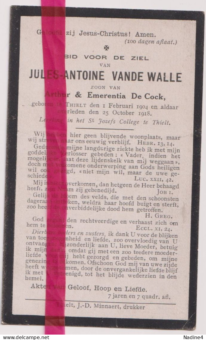 Devotie Doodsprentje Overlijden - Jules Vande Walle Zoon Arthur & Emerentia De Cock - Tielt 1904 - 1918 - Todesanzeige
