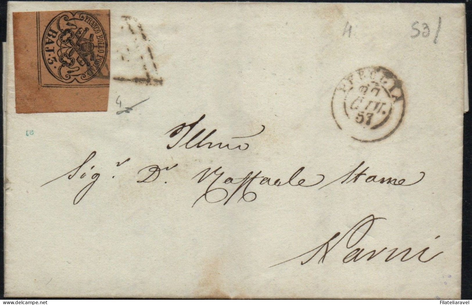 ASI -1852 - STATO PONTIFICIO - Lettera Da Perugia A Narni, Affrancata Con Un 3 Bay Bistro Arancio.Catalogo Sassone N. 4 - Etats Pontificaux