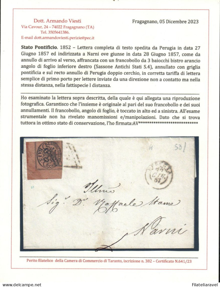 ASI -1852 - STATO PONTIFICIO - Lettera Da Perugia A Narni, Affrancata Con Un 3 Bay Bistro Arancio.Catalogo Sassone N. 4 - Etats Pontificaux