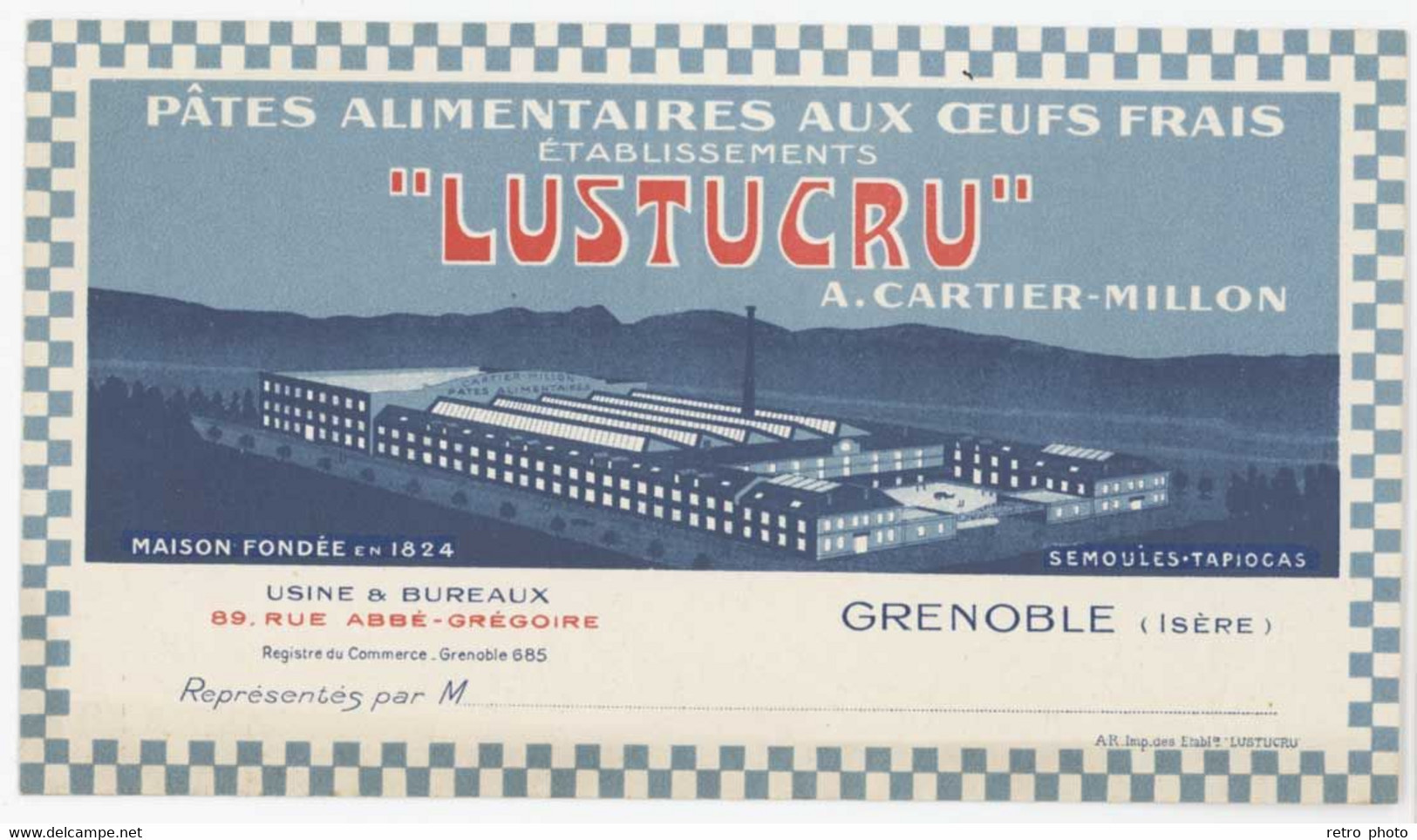 Carte Commerciale Pâtes Alimentaires Aux Oeufs Frais " Lustucru " A. Cartier-Millon, Grenoble ( Isère )((dd) - Publicités