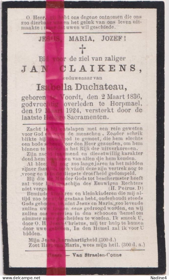 Devotie Doodsprentje Overlijden - Jan Claikens Wedn Isabella Duchateau - Voordt 1836 - Horpmaal 1924 - Todesanzeige