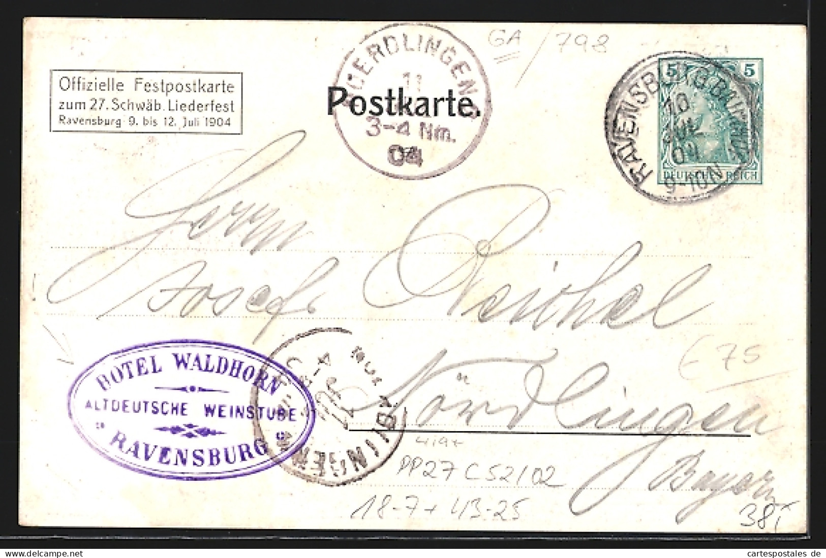 Lithographie Ganzsache PP27C52 /02: Ravensburg, 27. Schwäbisches Sängerbundesfest 1904, Festpostkarte  - Postkarten
