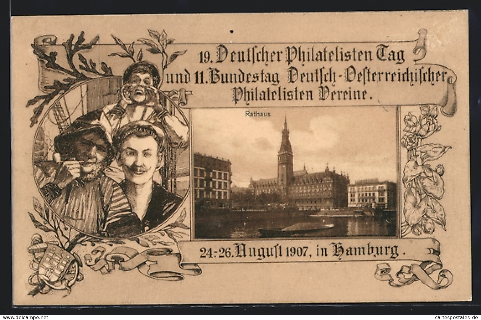 AK Hamburg, 19. Deutscher Philatelistentag 1907 Rathaus, Matrose & Fischer, Ganzsache  - Stamps (pictures)