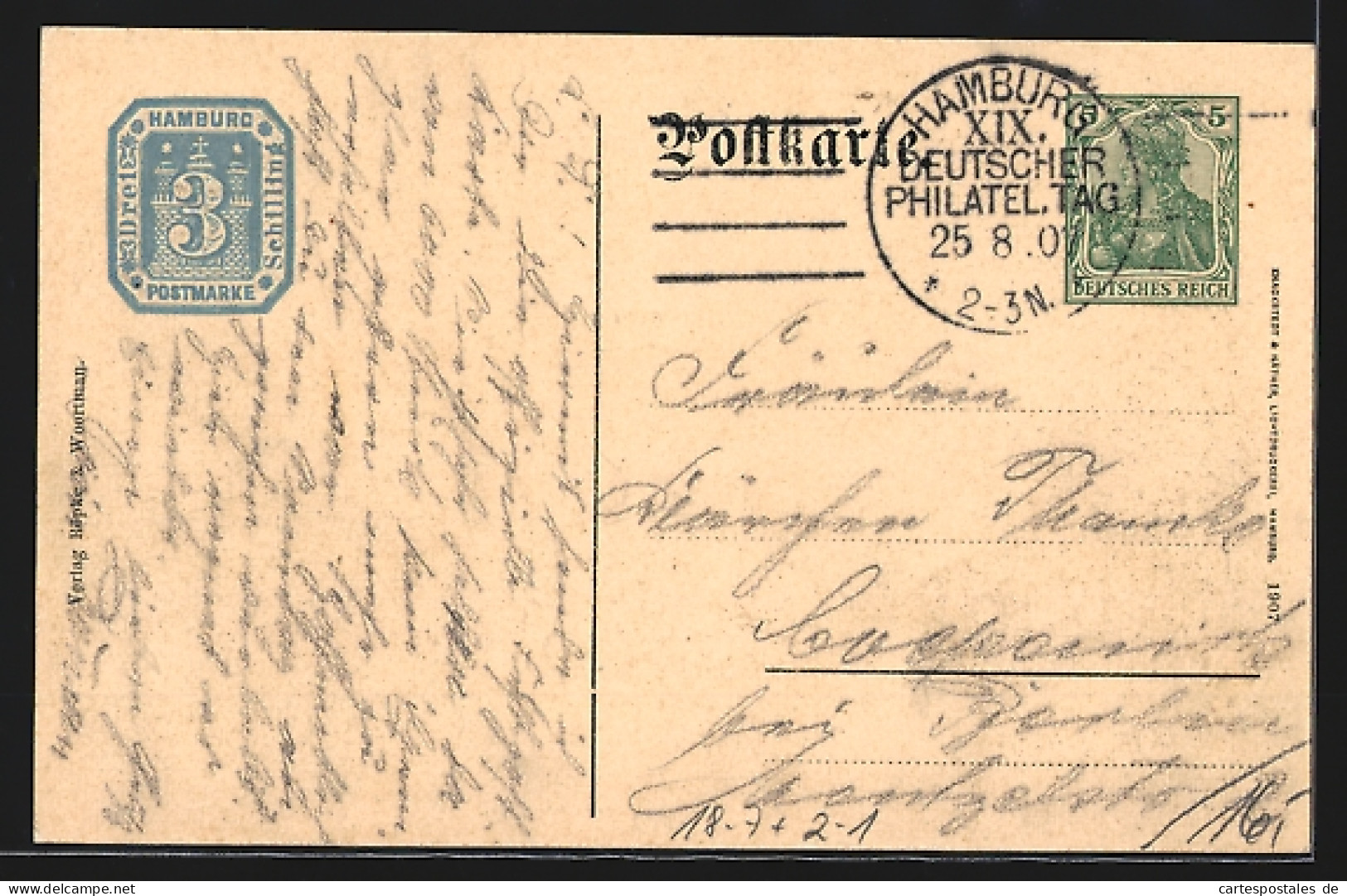 AK Hamburg, 19. Deutscher Philatelistentag 1907 Rathaus, Matrose & Fischer, Ganzsache  - Stamps (pictures)