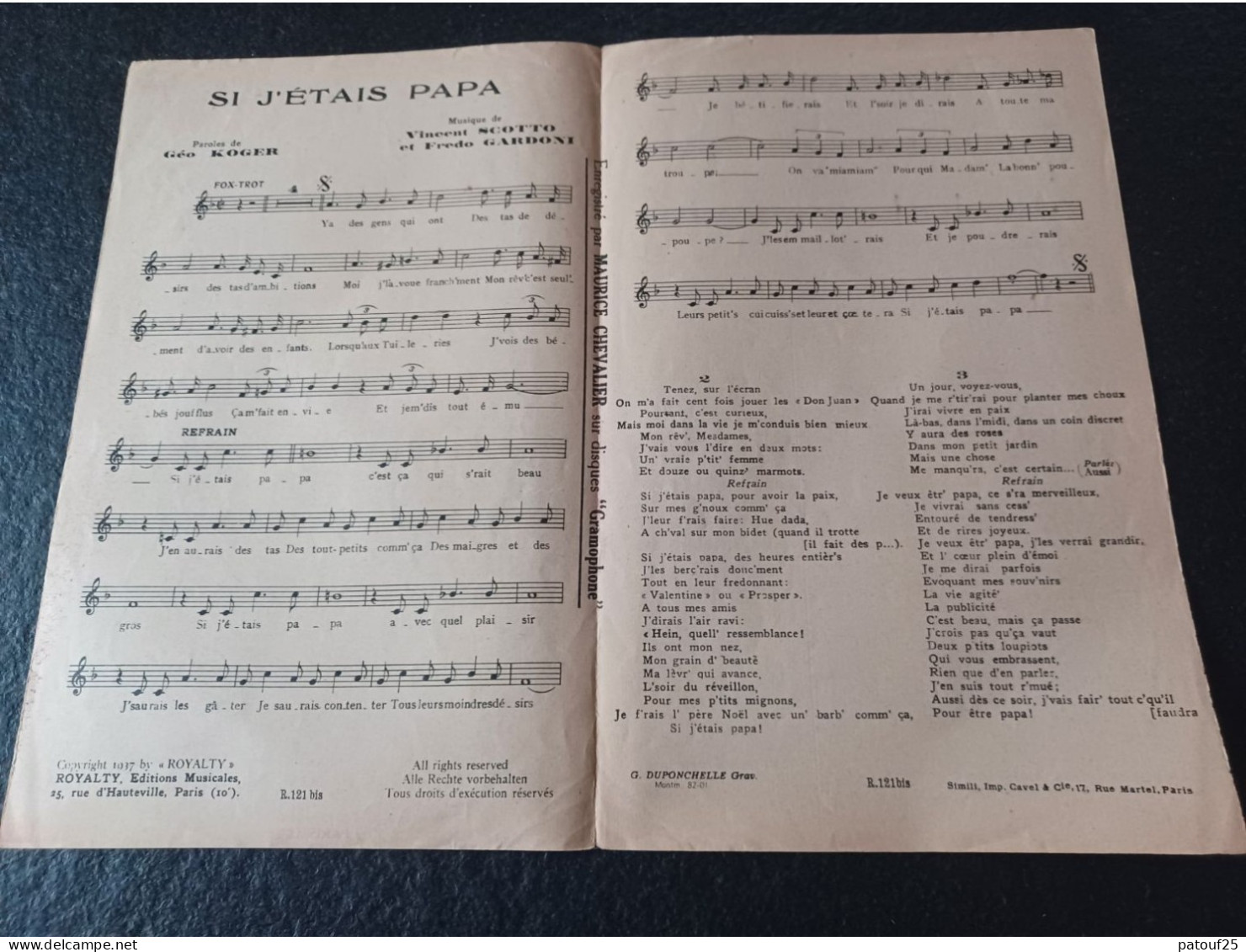 Ancienne Partition De Musique Si J'étais Papa Maurice Chevalier - Andere & Zonder Classificatie