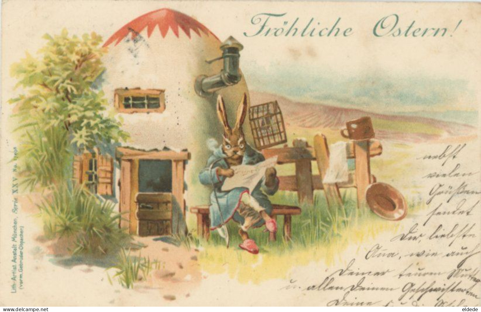 Animaux Humains Lapin Fumant La Pipe Maison En Oeuf De Paques Easter  Litho Rotthahmuester Bavaria 1899 - Dressed Animals