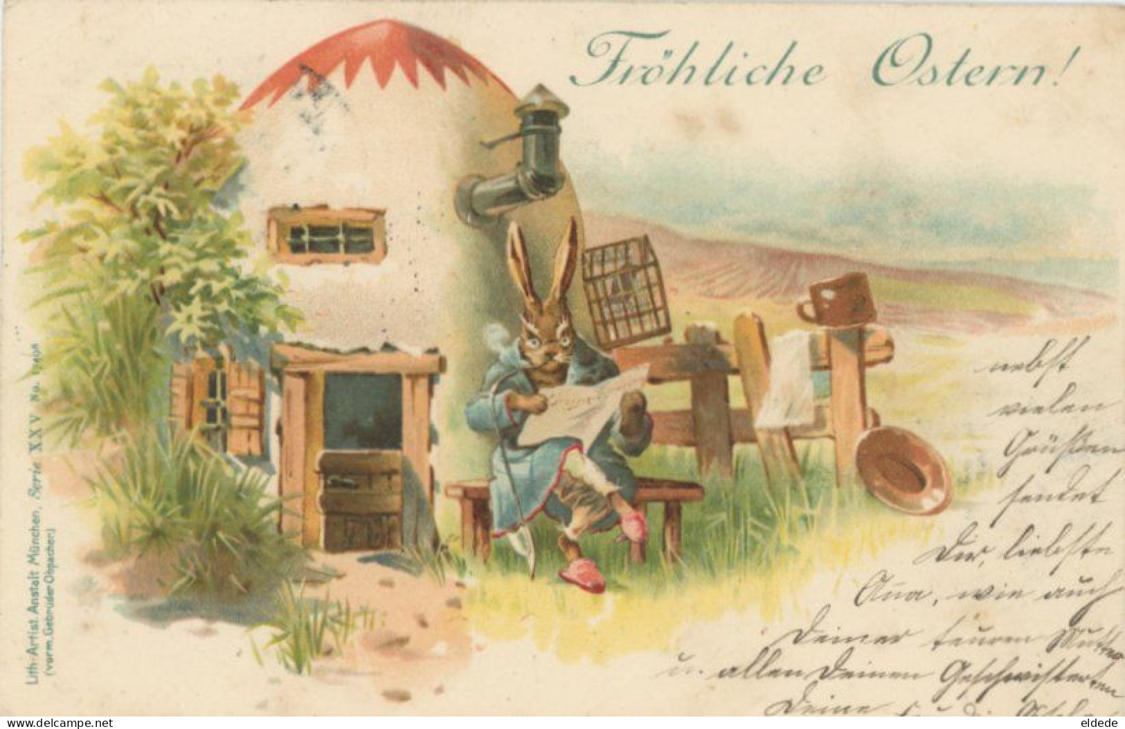 Animaux Humains Lapin Fumant La Pipe Maison En Oeuf De Paques Easter  Litho Rotthahmuester Bavaria 1899 - Gekleidete Tiere