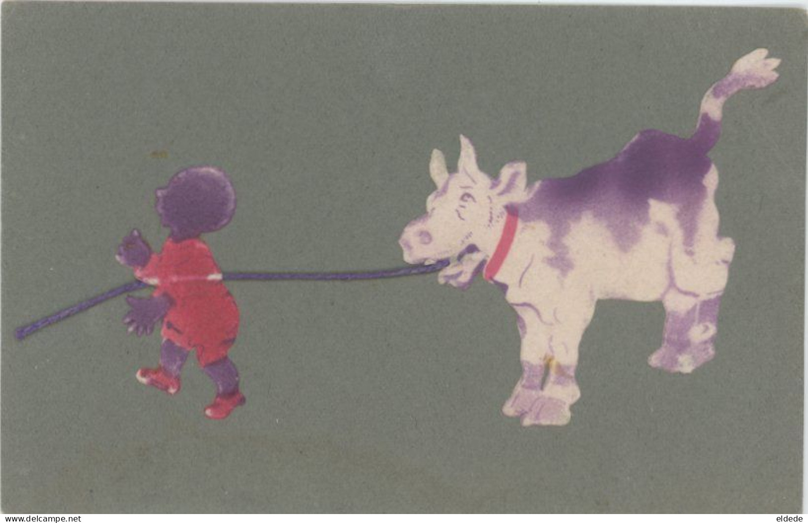 Velvet Card Black Boy Driving A Cow . Rope . Velours Corde Petit Noir Et Sa Vache - Koeien