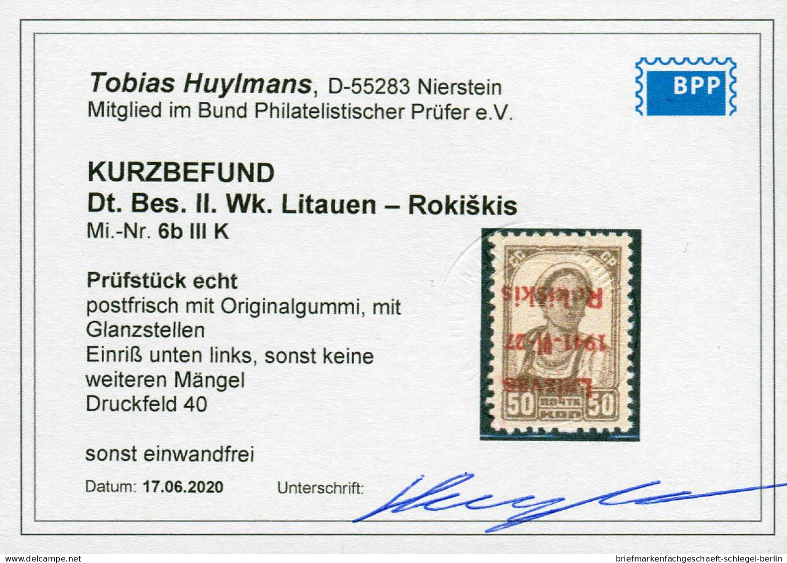 Deutsche Besetz.II.WK Litauen Rokiskis, 1941, 6 B III K, Postfrisch - Occupation 1938-45