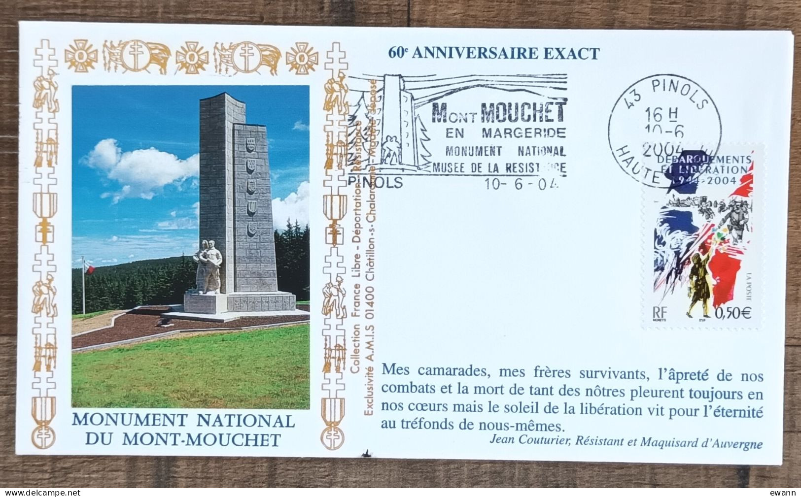 YT N°3675 - MONUMENT NATIONAL MONT MOUCHET EN MARGERIDE - PINOLS  - 2004 - Covers & Documents