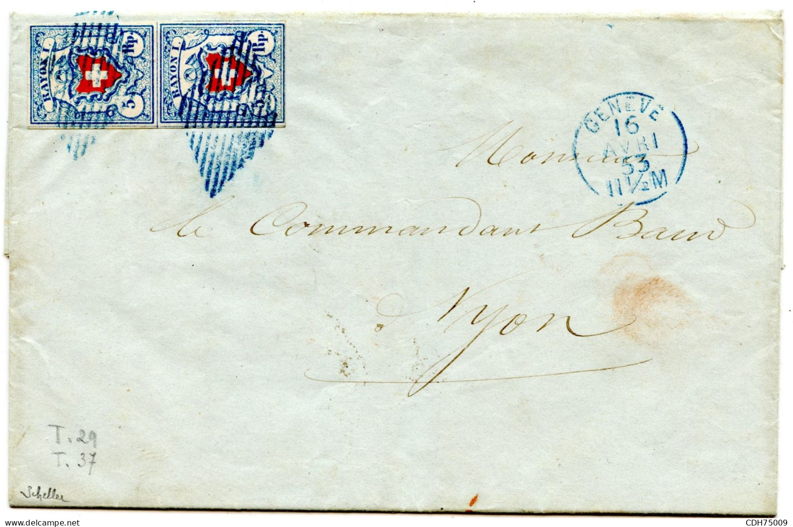SUISSE - SBK 17II  5 RAPPEN BLEU SUR LETTRE DE GENEVE POUR NYON, 1853  - SIGNEE SCHELLER - 1843-1852 Federal & Cantonal Stamps