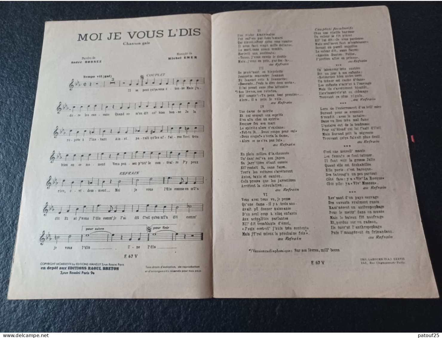 Ancienne Partition De Musique Moi Je Vous Le Dis Maurice Chevalier - Other & Unclassified