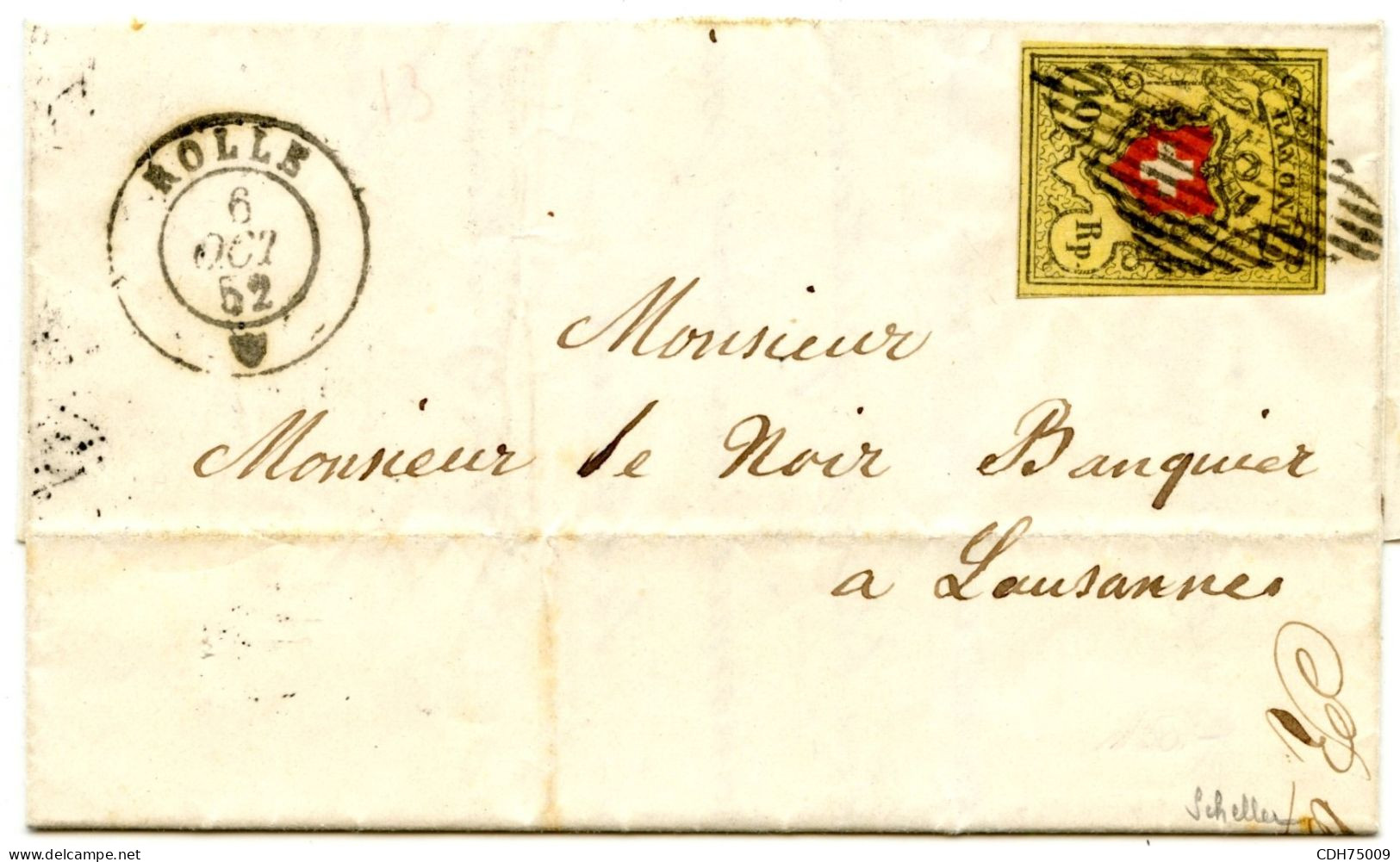SUISSE - SBK 16II  10 RAPPEN CROIX NON ENCADREE SUR LETTRE DE ROLLE POUR LAUSANNE, 1852  - SIGNEE SCHELLER - 1843-1852 Federale & Kantonnale Postzegels