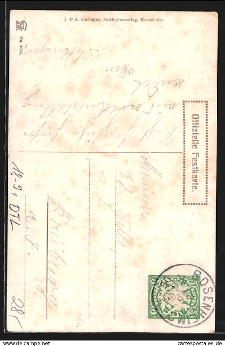 Künstler-AK Rosenheim / Obb., Volksfest 1909, Knappe Mit Flagge Vor Dem Städt. Museum, Ganzsache Bayern  - Postcards