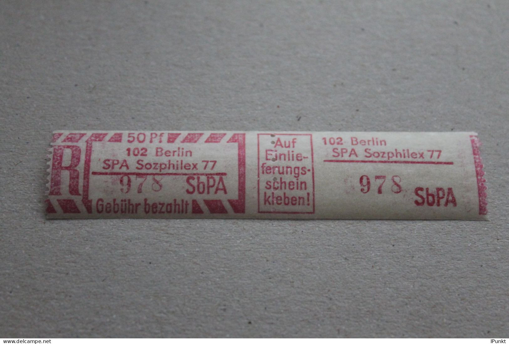 DDR 1977; SbPA Einschreibemarke Gebührenzettel  102 Berlin SPA Sozphilex 77;  **Z - Sonstige & Ohne Zuordnung
